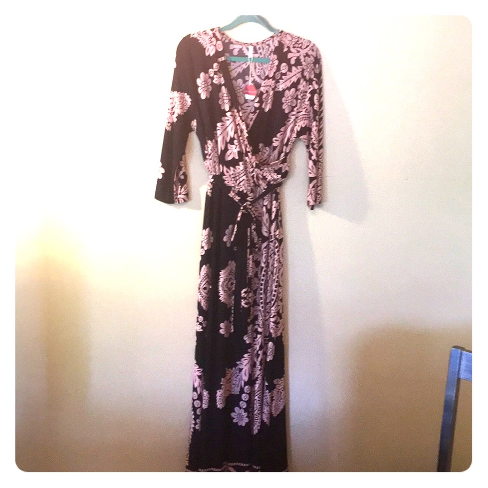 Faux wrap maxi dress pink and navy